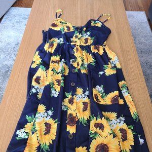 Navy Sunflower Midi Strapped Dress with Pockets and Button Detail